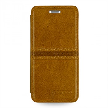 Кожаный чехол горизонтальная книжка (нат. кожа с вощеным покрытием) с ручной кожаной отделкой Sew Line для Iphone 6 Оранжевый