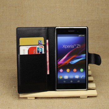 Чехол портмоне подставка для Sony Xperia Z1 с магнитной защелкой и отделениями для карт Черный