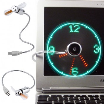 Ультрапортативный USB 2.0-вентилятор на гибком штативе 40 см со встроенной LED-подсветкой-часами