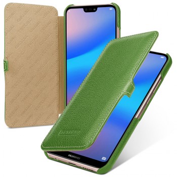 Кожаный чехол горизонтальная книжка (премиум нат. кожа) с крепежной застежкой для Huawei P20 Lite Зеленый