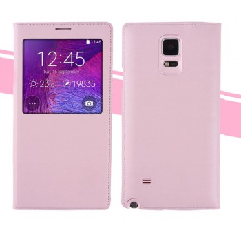 Оригинальный встраиваемый кожаный чехол смарт флип с окном вызова на пластиковой основе для Samsung Galaxy Note 4 Розовый