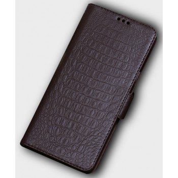 Кожаный чехол горизонтальная книжка подставка (премиум нат. кожа крокодила) с крепежной застежкой для Huawei Honor 10 Коричневый