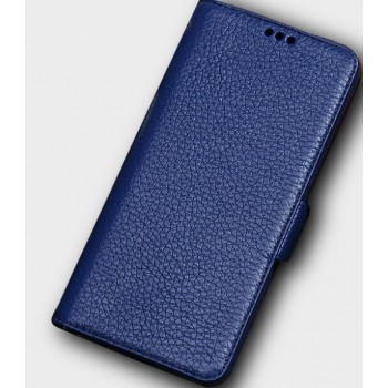 Кожаный чехол горизонтальная книжка подставка (премиум нат. кожа) с крепежной застежкой для Huawei Honor 10 Синий