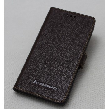 Кожаный чехол портмоне (нат. кожа) с крепежной застежкой на пластиковой основе для Lenovo S660 Коричневый
