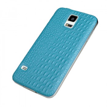 Кожаный встраиваемый чехол накладка (нат. кожа рептилии) серия Back Cover для Samsung Galaxy S5 Голубой