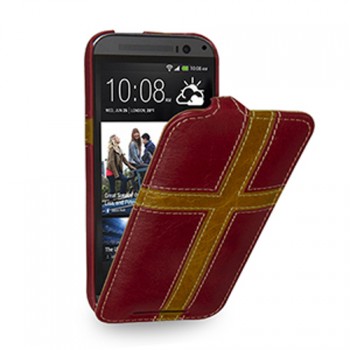 Кожаный чехол книжка (нат. кожа) с фигурными кожаными вставками ручной работы для HTC One (M8)