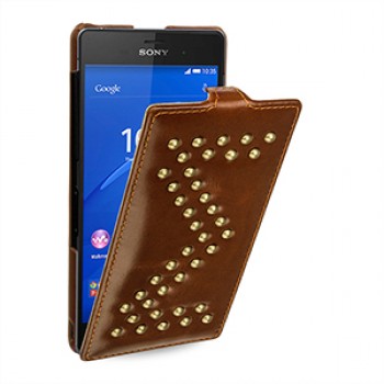 Эксклюзивный кожаный дизайнерский чехол ручной работы вертикальная книжка (нат. кожа) с аппликацией металлическими заклепками для Sony Xperia Z3 