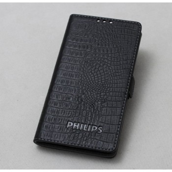 Кожаный чехол портмоне (нат. кожа крокодила) для Philips S398 Черный