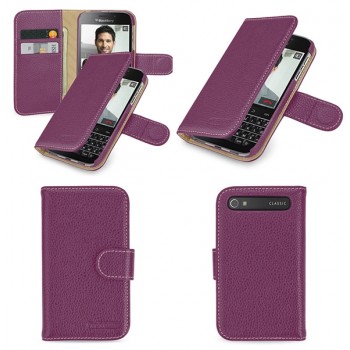 Кожаный чехол портмоне (нат. кожа) с крепежной застежкой для Blackberry Classic Пурпурный