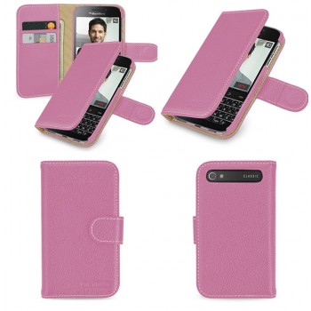Кожаный чехол портмоне (нат. кожа) с крепежной застежкой для Blackberry Classic Розовый