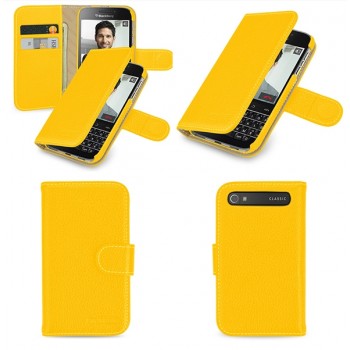 Кожаный чехол портмоне (нат. кожа) с крепежной застежкой для Blackberry Classic Желтый