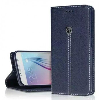 Кожаный прошитый чехол подставка на присосках и силиконовой основе для Samsung Galaxy S6 Синий