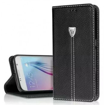 Кожаный прошитый чехол подставка на присосках и силиконовой основе для Samsung Galaxy S6 Черный
