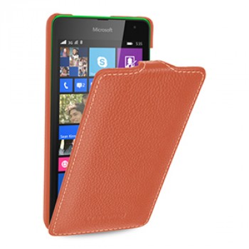Кожаный чехол вертикальная книжка (нат. кожа) для Microsoft Lumia 535 Оранжевый