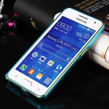 Металлический бампер с золотой окантовкой для Samsung Galaxy Core 2 Голубой