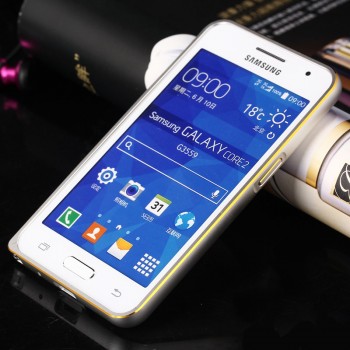 Металлический бампер с золотой окантовкой для Samsung Galaxy Core 2 Белый