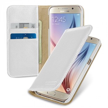 Кожаный чехол портмоне подставка (нат. кожа) на пластиковой основе для Samsung Galaxy S6 Белый