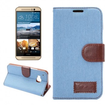 Чехол портмоне подставка с джинсовой текстурой, магнитной защелкой и пластиковой основой для HTC One M9 Голубой