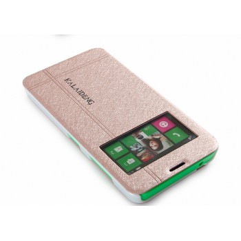 Текстурный чехол флип подставка с окном вызова на пластиковой основе для Nokia Lumia 630/635 Бежевый
