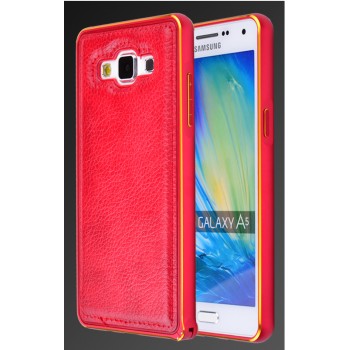 Двухкомпонентный чехол с винтовым двухцветным металлическим бампером и кожаной накладкой для Samsung Galaxy A5 Красный