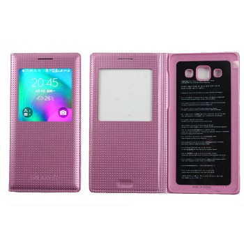 Кожаный чехол смартфлип на клеевой основе с фирменной точечной структурой и окном вызова для Samsung Galaxy A5 Розовый