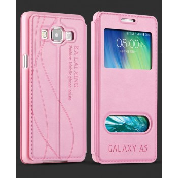 Кожаный чехол флип подставка на пластиковой основе с окном вызова и свайпом для Samsung Galaxy E5 Розовый