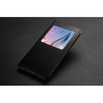 Ультратонкий клеевой кожаный чехол смарт флип с окном вызова для Samsung Galaxy S6 Черный