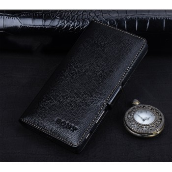 Кожаный чехол портмоне (премиум нат. кожа) с магнитной застежкой (на пластиковой основе) для Sony Xperia XA Черный