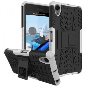 Противоударный двухкомпонентный силиконовый матовый непрозрачный чехол с поликарбонатными вставками экстрим защиты с встроенной ножкой-подставкой для Sony Xperia X Performance Белый