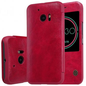 Чехол горизонтальная книжка на пластиковой основе с окном вызова текстура Кожа для HTC 10  Красный