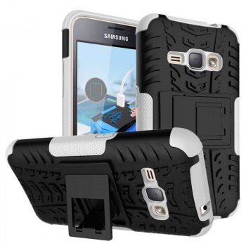 Силиконовый матовый непрозрачный чехол с нескользящими гранями, улучшенной защитой элементов корпуса (заглушки) и встроенной ножкой-подставкой для Samsung Galaxy J1 (2016) Белый