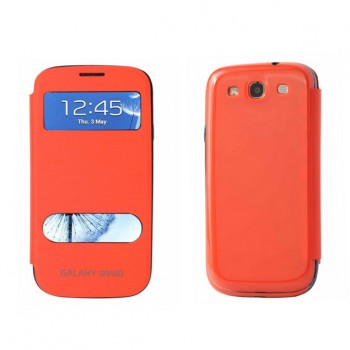 Текстурный чехол флип на пластиковой основе с окном вызова и свайпом для Samsung Galaxy Grand / Grand Neo Оранжевый