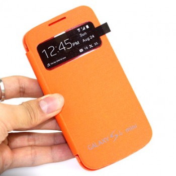 Чехол горизонтальная книжка на пластиковой встраиваемой основе с окном вызова для Samsung Galaxy S4 Mini Оранжевый
