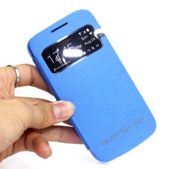 Чехол горизонтальная книжка на пластиковой встраиваемой основе с окном вызова для Samsung Galaxy S4 Mini Голубой