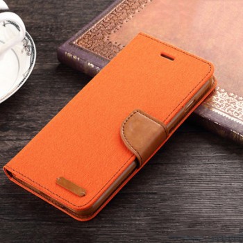Чехол портмоне подставка на силиконовой основе с тканевым покрытием на дизайнерской магнитной защелке для Samsung Galaxy S7 Оранжевый