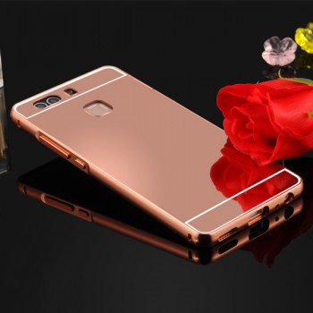 Двухкомпонентный чехол c металлическим бампером с поликарбонатной накладкой и зеркальным покрытием для Huawei P9 Plus  Розовый