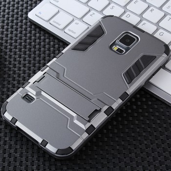 Противоударный двухкомпонентный силиконовый матовый непрозрачный чехол с поликарбонатными вставками экстрим защиты с встроенной ножкой-подставкой для Samsung Galaxy S5 (Duos) Серый