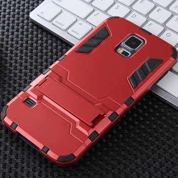 Противоударный двухкомпонентный силиконовый матовый непрозрачный чехол с поликарбонатными вставками экстрим защиты с встроенной ножкой-подставкой для Samsung Galaxy S5 (Duos) Красный
