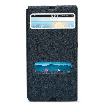 Текстурный чехол горизонтальная книжка подставка на пластиковой основе с окном вызова и свайпом для Sony Xperia Z Синий