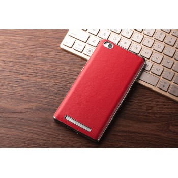 Двухкомпонентный чехол c металлическим бампером с поликарбонатной накладкой и текстурным покрытием Кожа для Xiaomi RedMi 3  Красный