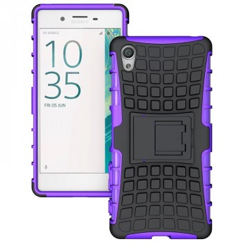 Противоударный двухкомпонентный силиконовый матовый непрозрачный чехол с поликарбонатными вставками экстрим защиты с встроенной ножкой-подставкой для Sony Xperia X  Фиолетовый
