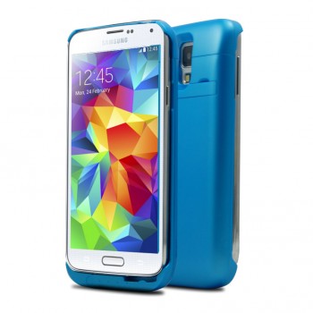 Пластиковый непрозрачный матовый чехол с встроенным аккумулятором 4800 мАч и подставкой для Samsung Galaxy S5 (Duos) Голубой
