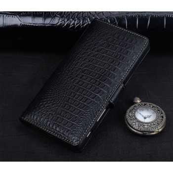 Кожаный чехол портмоне подставка (премиум нат. кожа крокодила) с крепежной застежкой для Sony Xperia E5 Черный