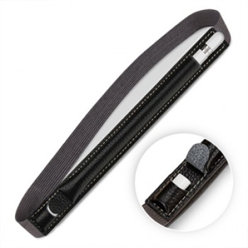 Кожаный мешок (нат. кожа) для Apple Pencil с отдельным карманом на клапане для переходника на регулируемом резиновом поясе Черный