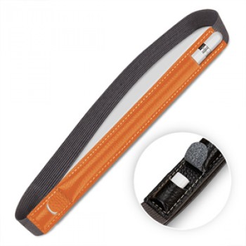 Кожаный мешок (нат. кожа) для Apple Pencil с отдельным карманом на клапане для переходника на регулируемом резиновом поясе Оранжевый