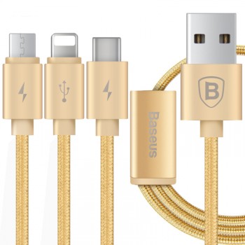 Кабель-хаб USB-Micro USB, USB type C, Lightning 1.2м 2.1А в тканевой оплетке для одновременной зарядки 3 гаджетов Бежевый