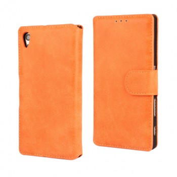 Винтажный чехол портмоне подставка на пластиковой основе на магнитной защелке для Sony Xperia Z5 Оранжевый