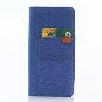 Чехол портмоне подставка на силиконовой основе с отсеком для карт и тканевым покрытием для Sony Xperia Z5  Голубой