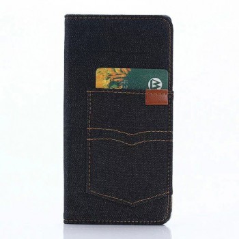Чехол портмоне подставка на силиконовой основе с отсеком для карт и тканевым покрытием для Sony Xperia Z5  Черный