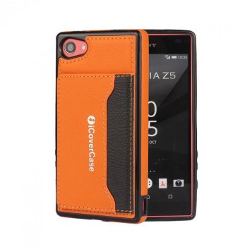 Силиконовый чехол накладка текстурная отделка Кожа с отсеком для карт и функцией подставки для Sony Xperia Z5 Compact  Оранжевый